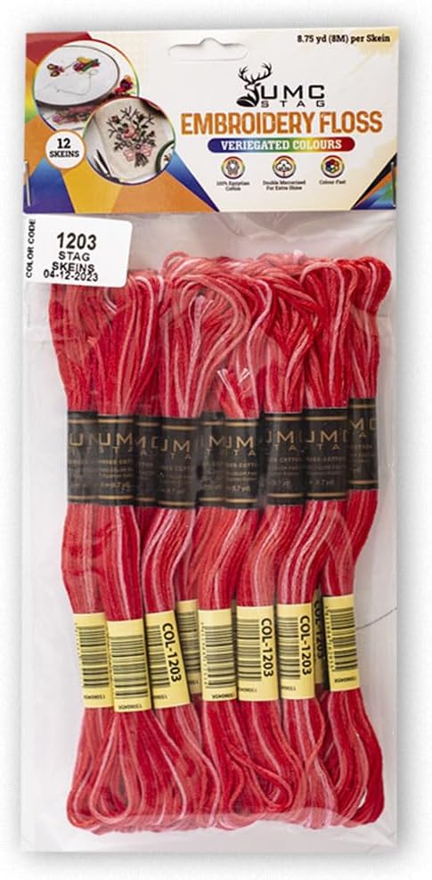 Pack of 12 Premium Embroidery Thread | 100% Egyptian Cotton Premium Skeins | Cross Stitch Embroidery Floss | Oeko TEX Certified | Ideal for Arts & Crafts (Red Variegated 1203)