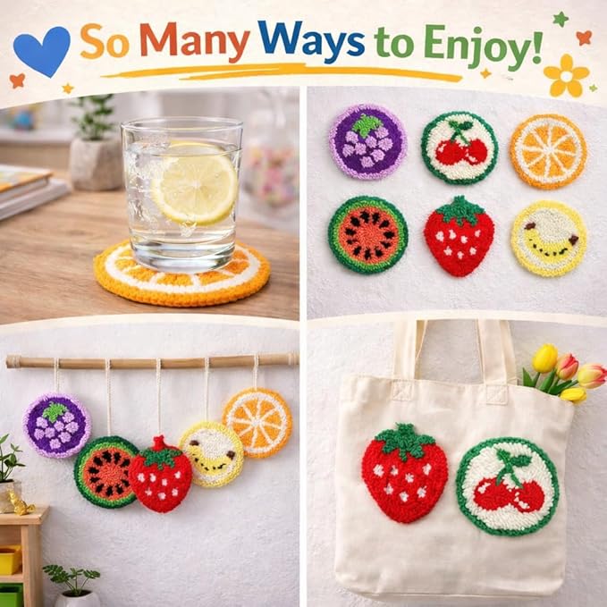 Punch Needle Coaster Kit for Adults Beginners, Easy Punch Embroidery Starter Set with Instructions – Fun Mug Rug Making Kit for Table Decor & Festival DIY Gifts (6pcs Cute Fruits)