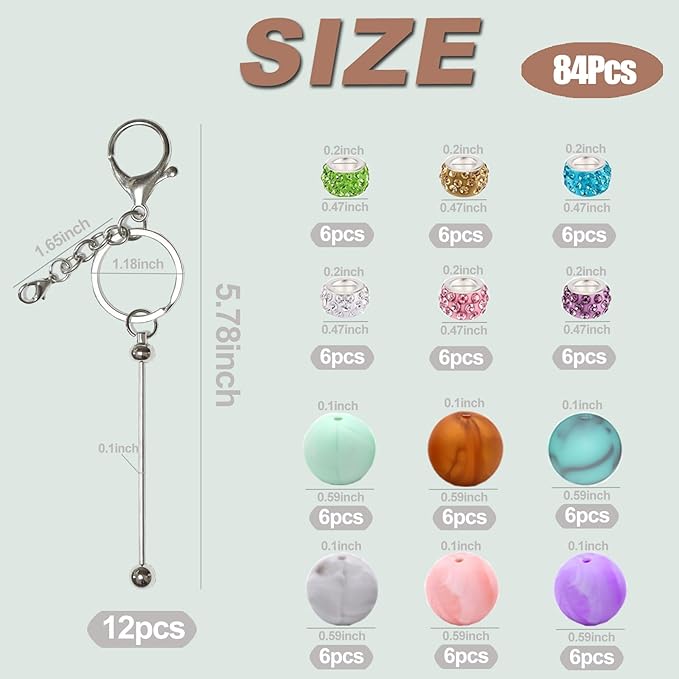 XKCWXY 84Pcs Beadable Keychains Set,Keychains Bulk for Keychain Making Accessories with beadable Keychain bar Silicone Beads Spacer Beads