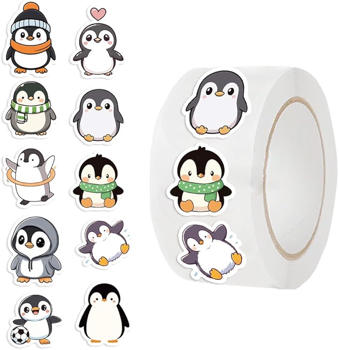 1000 pcs penguin stickers roll, 2 rolls 10 styles cute cartoon animal stickers for kids, teachers, school rewards, scrapbook, envelope seals, party favors, gift decorations
