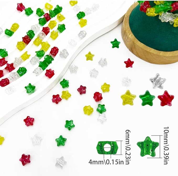 MIIIM 1000 Pcs Christmas Gliter Star Pony Beads Shapes for Friendship Bracelet, Large Hole Kandi Beads for Hair Braids, Jewelry Making (Christmas Star)