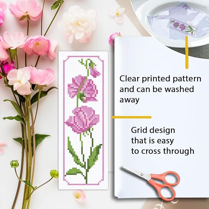 ORIGACH 6 Set Pea Flower Cross Stitch Bookmark Kit for Beginner with Backing Felt Floss Instructions DIY Stamped Embroidery Bookmark Kit for Adults, Book Lovers