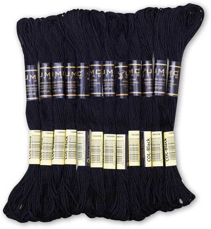 Pack of 12 Black Premium Embroidery Thread | 100% Egyptian Cotton Premium Skeins | Cross Stitch Embroidery Floss | Oeko TEX Certified Stranded Cotton | Ideal for Arts & Crafts (Black-12)