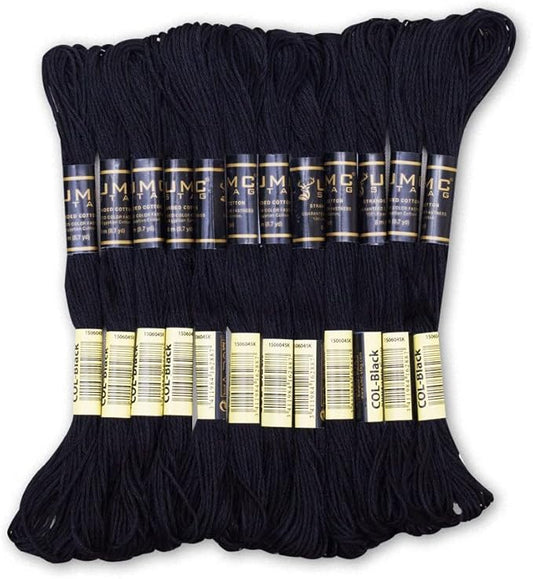 Pack of 12 Black Premium Embroidery Thread | 100% Egyptian Cotton Premium Skeins | Cross Stitch Embroidery Floss | Oeko TEX Certified Stranded Cotton | Ideal for Arts & Crafts (Black-12)