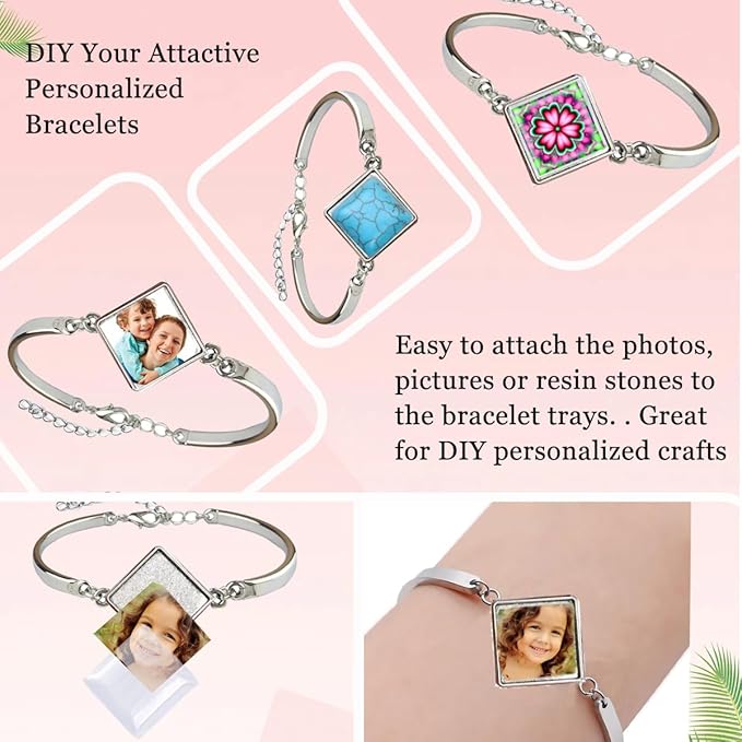 Pendant Trays Kit with Cabochon Glass, Square Pendant Bezel Trays Bracelet Blank Bangles Earrings Hooks Blanks for DIY Photo Cameo Jewelry Making Crafts