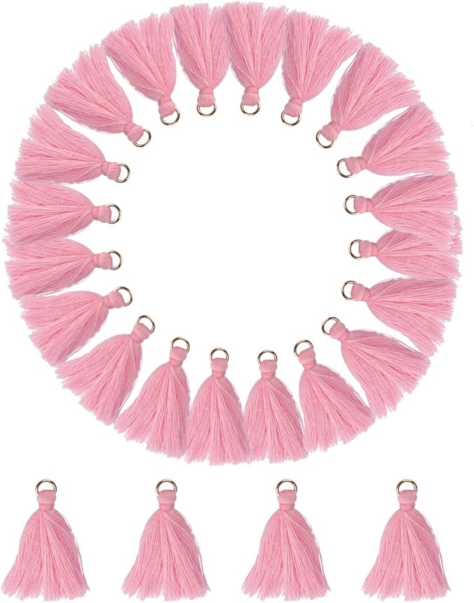 MSCFTFB 100 Pieces Mini Tassels with Jump Rings Mala Tassel Kit for Earring Necklace Jewelry Making Garland Keychain Charms Crafts Decorations (Pink)