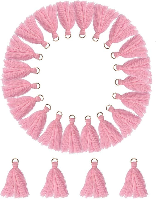 MSCFTFB 100 Pieces Mini Tassels with Jump Rings Mala Tassel Kit for Earring Necklace Jewelry Making Garland Keychain Charms Crafts Decorations (Pink)