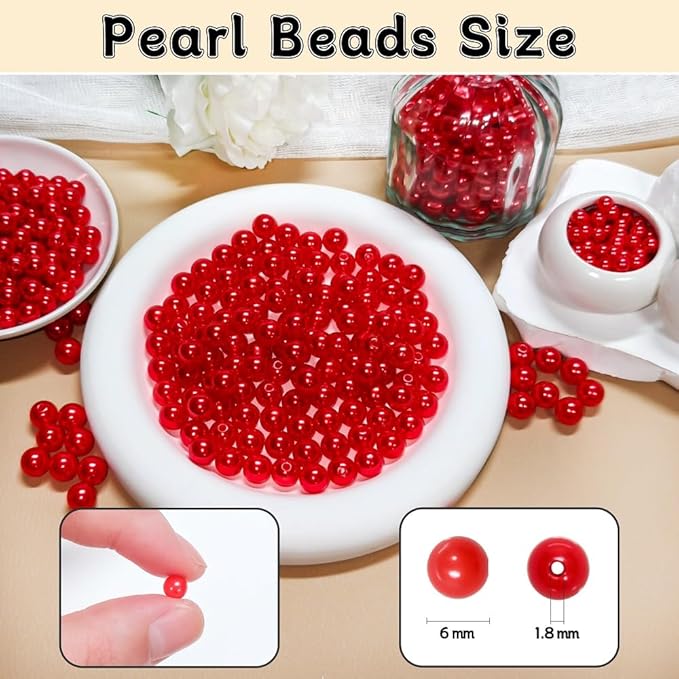 Pearl Beads for Jewelry Making Holes ABS Craft Beads with Holes for Jewelry Making, Bracelet, Necklace Crafting Bulk Bead Kit (6mm, Red/1500 pcs)