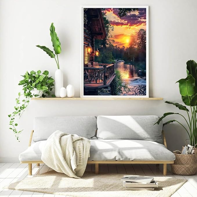EIBEILI Diamond Art Kits for Adults, Wooden House Sunset Diamond Painting Kits for Beginner Round 5D Full Drill Diamond Dots Crafts for Home Wall Decor Gifts 12x16 Inch