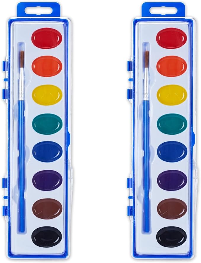 Watercolor Paint Set - 8 Classic Washable Paint Colors with Paint Brush - Non-Toxic Water Color Paint Sets For Kids & Adults - Ideal for Art, Crafts & School Supplies (Pack of 2)