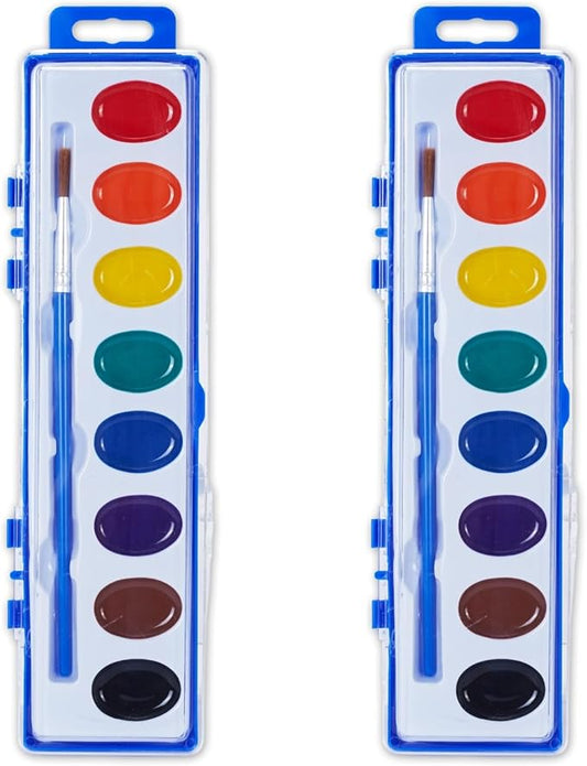Watercolor Paint Set - 8 Classic Washable Paint Colors with Paint Brush - Non-Toxic Water Color Paint Sets For Kids & Adults - Ideal for Art, Crafts & School Supplies (Pack of 2)