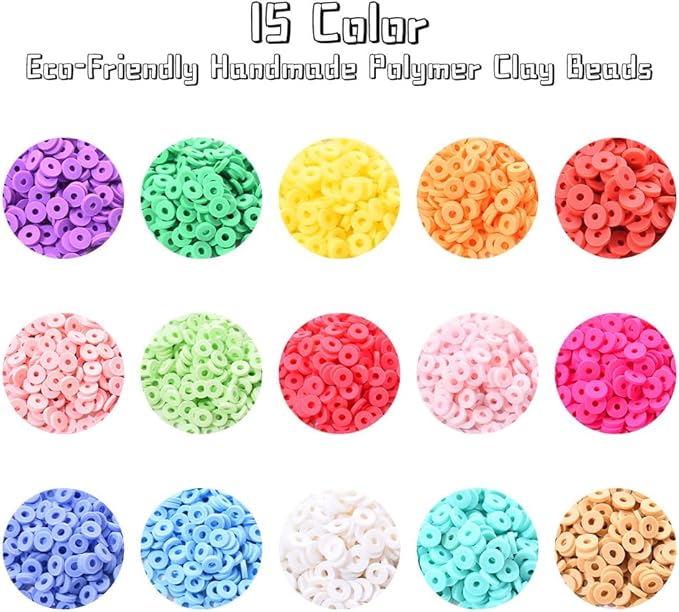 15 Colors 2250 Pcs Clay Beads Kit for Bracelets Making, Flat Round Polymer Spacer heishi Clay Beads for Craft and Jewelry Making
