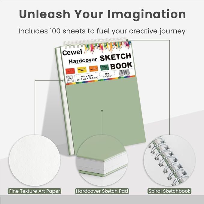 cewei 9x12 drawing paper pad, 100 sheets spiral bound sketchbook, 68lb/100gsm white drawing paper for kids ages 4-8, art supplies for kids 9-12 & christmas gifts for grandkids.