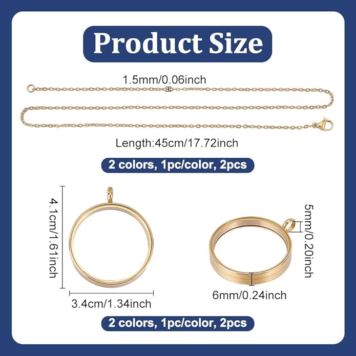 UNICRAFTALE 2 Sets 2 Colors Stainless Steel Memory Locket Charm Flat Round DIY Picture Photo Necklace Making Kit Crystal Photo Frame with Chain Necklace for Necklaces Jewelry Making