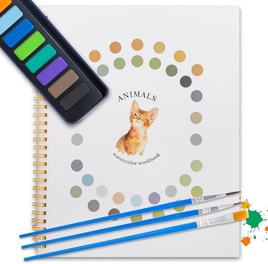Dancart 10.2" x 8.2" Watercolor Books with Outlines, Beginner Watercolor Painting Set With 12 Colors Tin Box & 3 Brushes, Multi-Theme Watercolor Painting Kit for Beginners, Teens & Adults