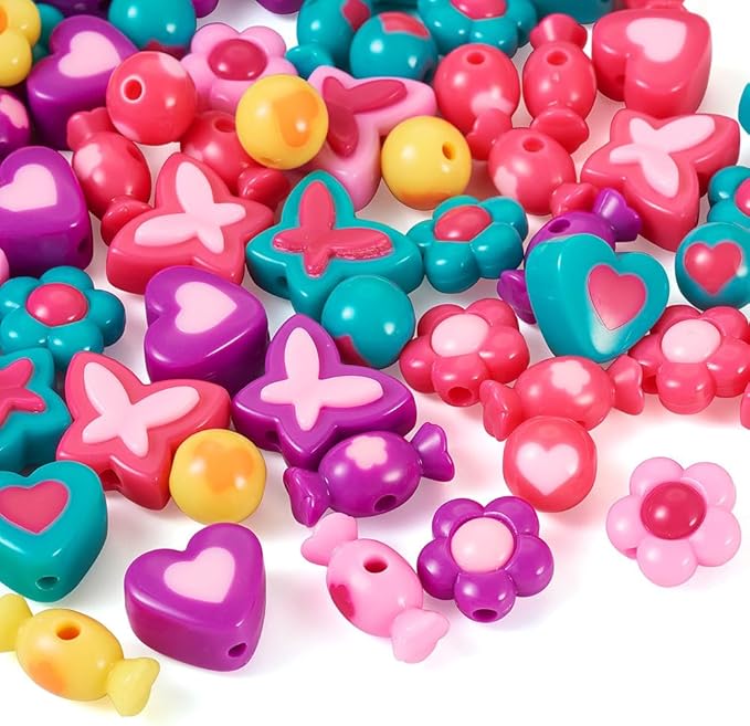 FASHEWELRY 75Pcs Acrylic Heart Flower Butterfly Beads Assorted Pastel Pony Beads Candy Colors Spacer Loose Beads for Jewelry Making Key Chains Bracelet Necklace