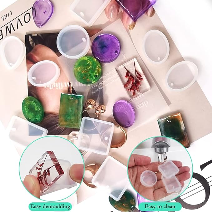 Jewelry Casting Molds DaKuan Large Gem Jewelry Silicone Casting Mold and 20pcs Silicone Pendant Resin Molds with Hanging Hole (5 Styles) for DIY Resin Crafts