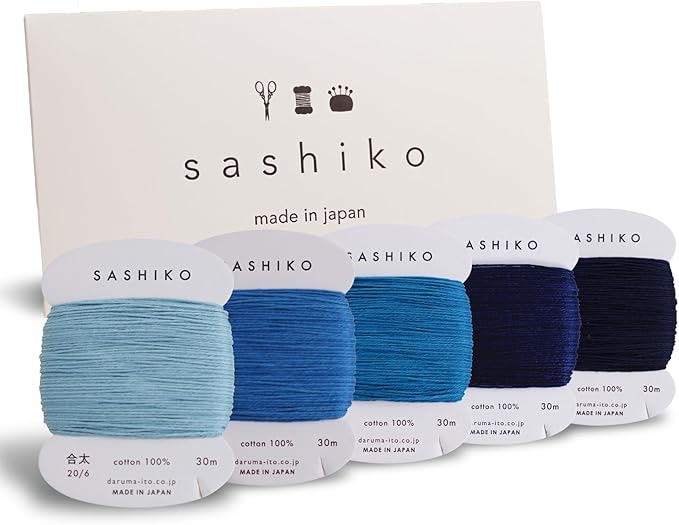 DARUMA Sashiko Thread 100% Cotton Card Type (32.8 yd) x 5 Colors with English Manual, Sewing & Embroidery Value Set with Gift Package(Thick, Amaoto)