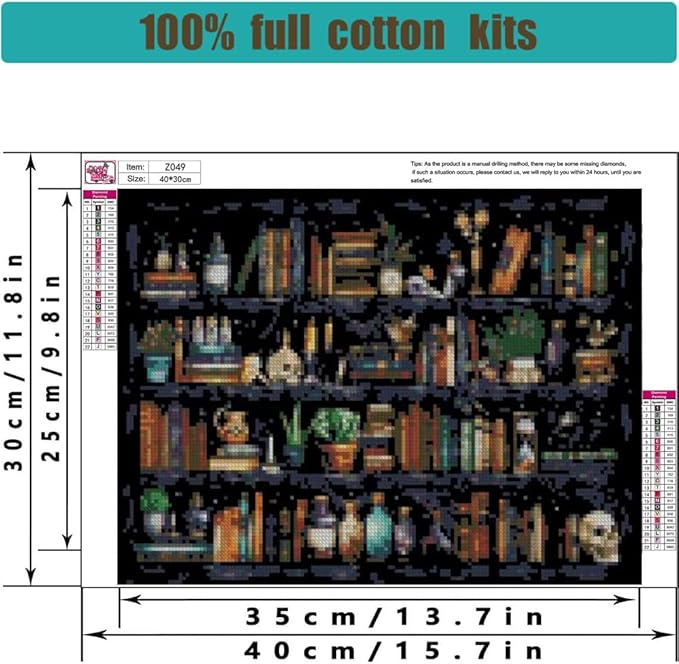 Tiwabb Stamped Cross Stitch Kits for Adults - Bookshelf Embroidery Kits for Beginners, 11 CT Patterns, 12x16 inch