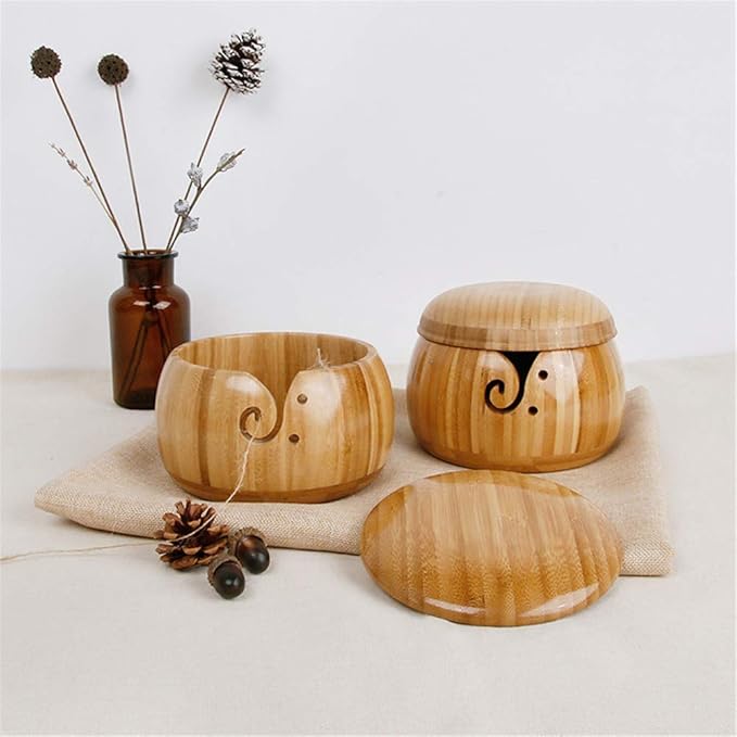Bamboo Yarn Bowl with Removable Lid, Handmade Yarn Holder for Knitting and Crochet, Carbonized Brown Bowl Box, Smooth Surface, Easy to Carry Knitting Bowls, Crochet Holder, 5.9 *3.5 inch #6