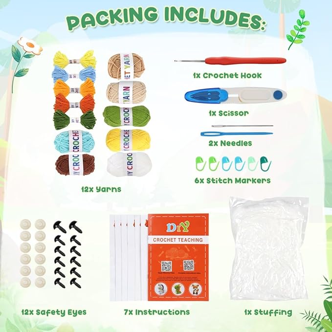 6Pcs Crochet Kit for Beginners, DIY Crochet Kit For Adults, Crochet Animal Kits with Step by Step Videos Tutorials, Yarn Crochet Hook Great Birthday Holiday Gift, DIY Keychain Pendants (Set-03)