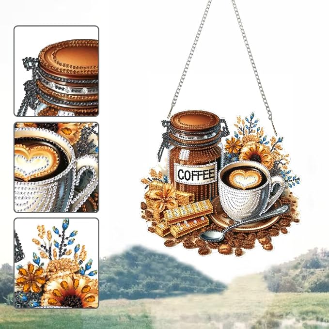 STGLCR Coffee Diamond Art Painting Pendant Kits 5D Diamond Art Hanging Kit DIY Crystal Diamond Painting Double Sided Ornament Pendant Board Kit Gift Wall Home Christmas Decor