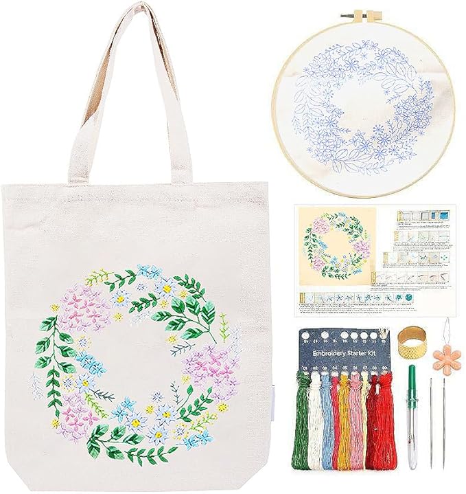 CREAWONDER Canvas Tote Bag Embroidery Kit with Pattern for Beginners, Arts and DIY Embroidery Crafts Kits for Adults, Include Instructions, Thimble, Embroidery Hoops, Color Threads and Tool