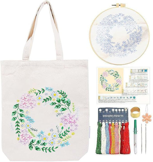 CREAWONDER Canvas Tote Bag Embroidery Kit with Pattern for Beginners, Arts and DIY Embroidery Crafts Kits for Adults, Include Instructions, Thimble, Embroidery Hoops, Color Threads and Tool
