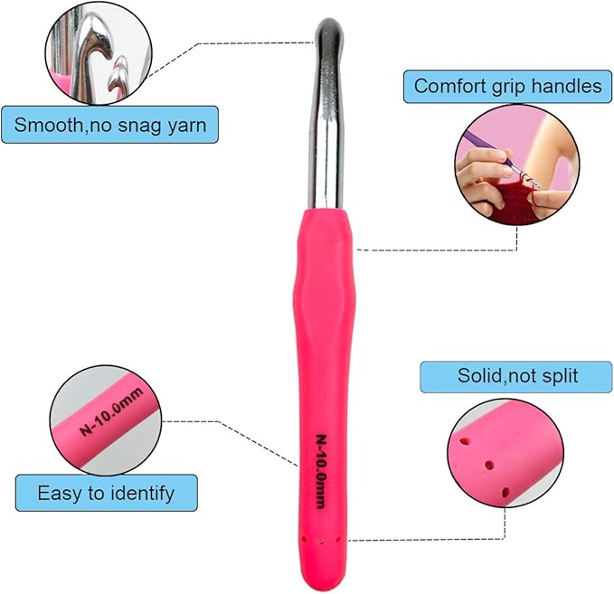 Mdoker Extra Long Crochet Hooks,Large Size N/P/15(10.0mm) Crochet Needles,Ergonomic Grip Soft Handles for Handmade DIY Crocheting,Perfect for Arthritic Hands