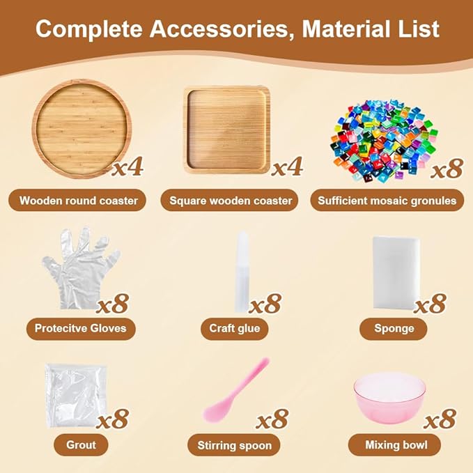 Adboros 8 Sets DIY Glass Mosaic Tiles for Crafts Mixed Color Mosaic Kits with Wooden Coaster for Adults Bamboo Coaster for Drinks Tray Handmade Home Decoration
