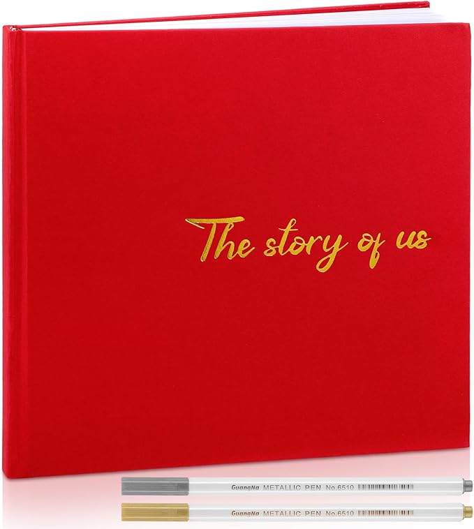 Colarr Hardcover Couples Scrapbook 144 Pages 8.7 x 8.7" Valentine Couples Photo Album Scrapbook Journal for 1 Year Wedding Memory Anniversary Photo Book Gift with 2 Markers(Red)