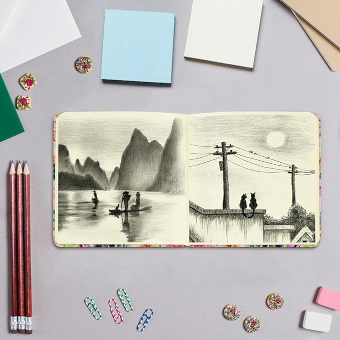Mifuner Small Square 5x5 80gsm Mini Notebooks Blank Pages Sketchbooks Travel Journal Pocket Hardcover Paint Writing Notebook Blank Diary Memo Planner Sketchbook Fabric Cover, Cactus Flower