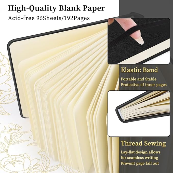 Square 5x5 inches 80gsm 96sheets/192 Pages Notebooks Blank Sketchbooks Travel Journal Pocket Hardcover Paint Writing Diary Memo Planner PU Leather Cover. Black