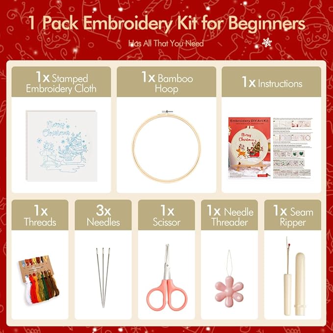 christmas embroidery kits: 1 pack cross stitch kit for beginners adults, diy ornaments craft kit with all tools & instructions, stamped hand embroidery starter kit for holiday crafts & xmas home decor