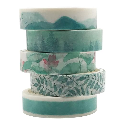 Green Basic Washi Tapes Set, 5 Rolls 10mm Wide Spring Plant Japanese Masking Decorative Tapes for Bullet Journal Planners DIY Decor Crafts Arts Scrapbooking Adhesive