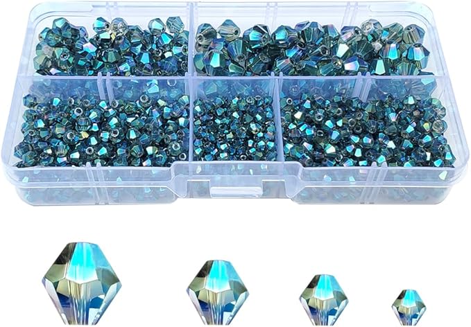 Clear Green Bicone Glass Beads for Jewelry Making, Faceted Crytal Spacer Beads for Bracelet Necklace Earring (3mm 4mm 6mm 8mm Mixed Sizes, 1040pcs)