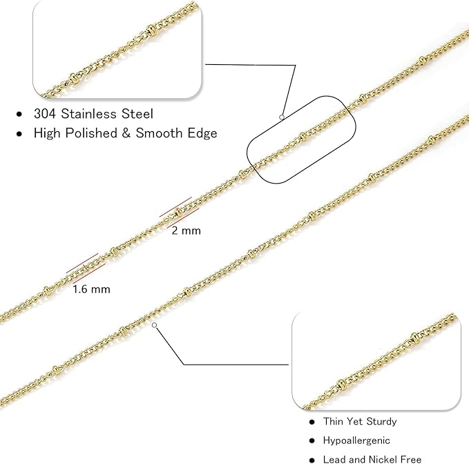 16Ft Stainless Steel Bead Chain for Jewelry Making, 1.6mm Thin Gold Plated Ball Beaded Cable Link Chains Roll for DIY Necklace Bracelet Jewelry Making Supplies with Lobster Clasps Soft Tape Measure