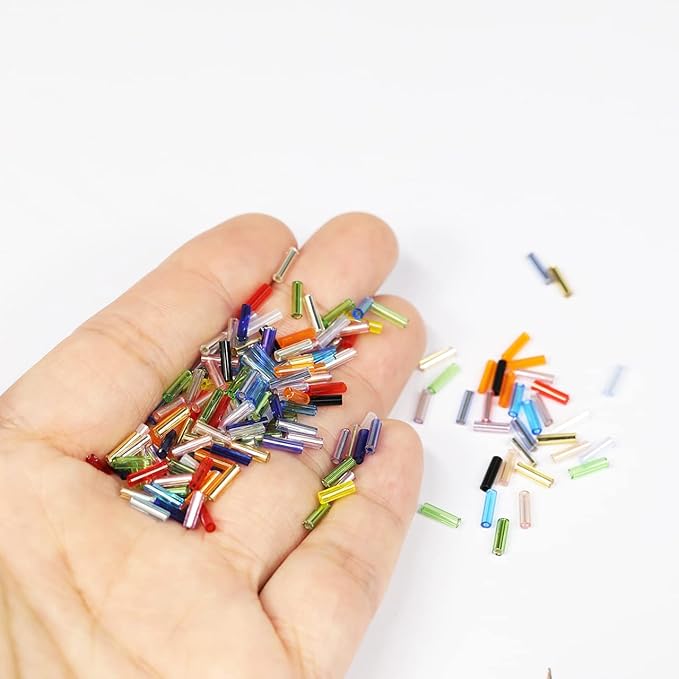 Size 6mm Glass Bugle Beads with Beading Needles About 7200pcs in Box,24 Multicolor Assortment Length 6mm Tube Beads for Jewelry Making (300pcs/Color, 24 Colors)