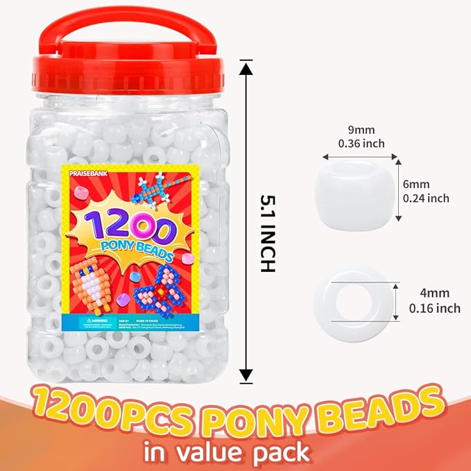 praisebank pony beads, 1200pcs 6x9mm, wholesale beads, bracelets jewelry making, arts & crafts(white)