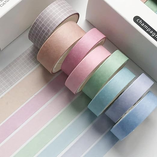 YUBBAEX 8 Rolls Basic Washi Tape Set Solid Color Grid Masking Decorative Tapes for Arts, DIY Crafts, Journals, Planners, Scrapbooking, Wrapping (Champagne)
