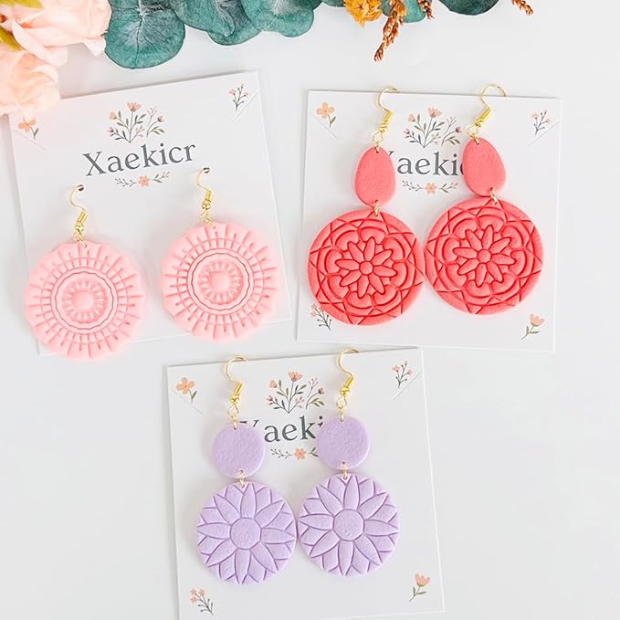 Xaekicr 5PCS Floral Polymer Clay Cutters Set - Round Clay Earring Cutters with Texture Molds for DIY Jewelry Making, Clay Tools for Earrings