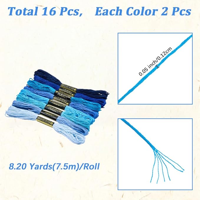 16 Skeins 131 Yards Embroidery Thread Friendship Bracelets String Cross Stitch Threads Cotton Floss Yarn 6 Ply 1.2mm for DIY Making Sewing Needlework Knitting Stitching Craft Supply Blue