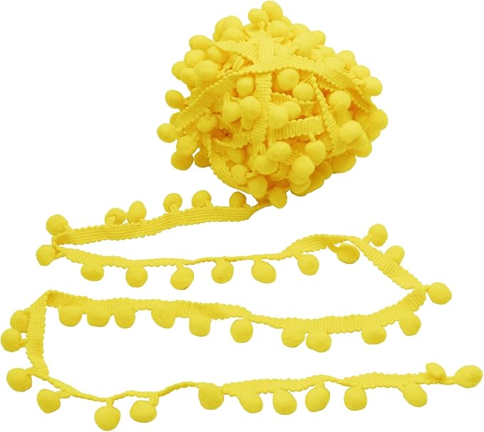 Homiest 10 Yards Pom Pom Trim for Sewing, 1 Inch Wide Yellow Ribbon Bundles Textured Fabric Fringe Ribbon, 13mm Ball Pompom Trim for DIY Crafts Curtain Clothes Pillow Home Decoration