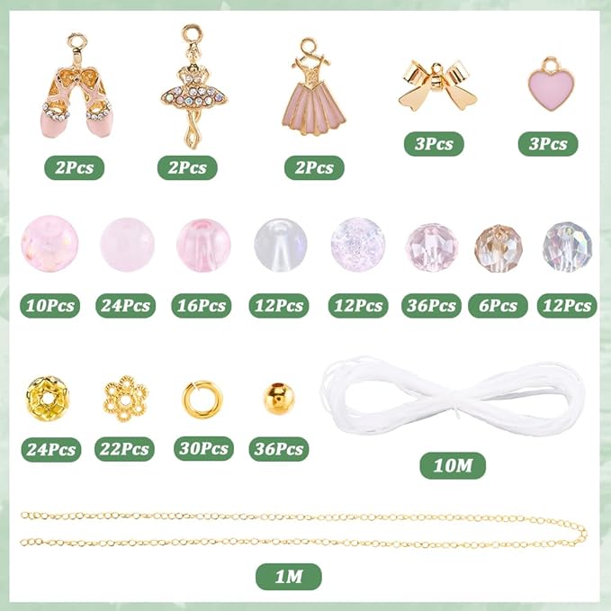 SUNNYCLUE 1 Box DIY 6 Sets Valentine's Day Glass Bead Bracelet Kit Dancer Charms Enamel Pink Heart Rhinestone Dance Dress Shoes Gold Bowknot Charms for Jewelry Making Kits Beginner Wedding Supply