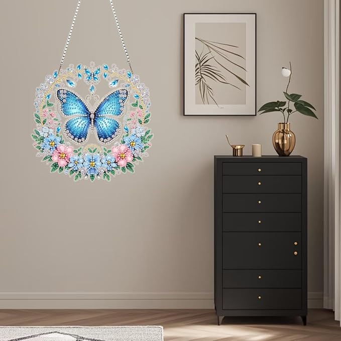 Masendp Hanging Diamond Art Set, Butterfly Flower 5D Special Shape Diamond Art Painting Window Pendant, DIY Double Sided Diamond Artist Home Garden Wall Hanging Decoration