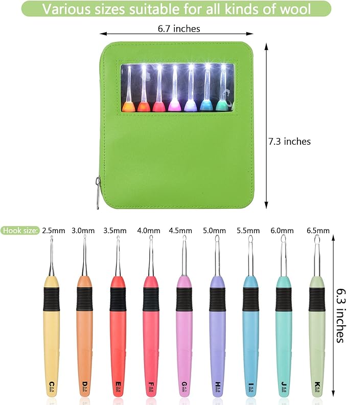 Chuangdi 9 Pieces Lighted Crochet Hooks with Case 9 Size LED Light Crochet Hooks Set Knitting Needles Craft Yarn Weaving Needles Comfortable Smooth Handle for Knitting, 2.5 mm-6.5 mm(Colorful)