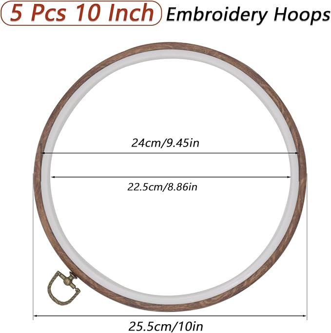 joyangy 5 pcs 10 inch embroidery hoops, round imitated wood cross stitch hoop rings for art craft sewing, circle display frame kits for embroidery handy diy ornaments decoration