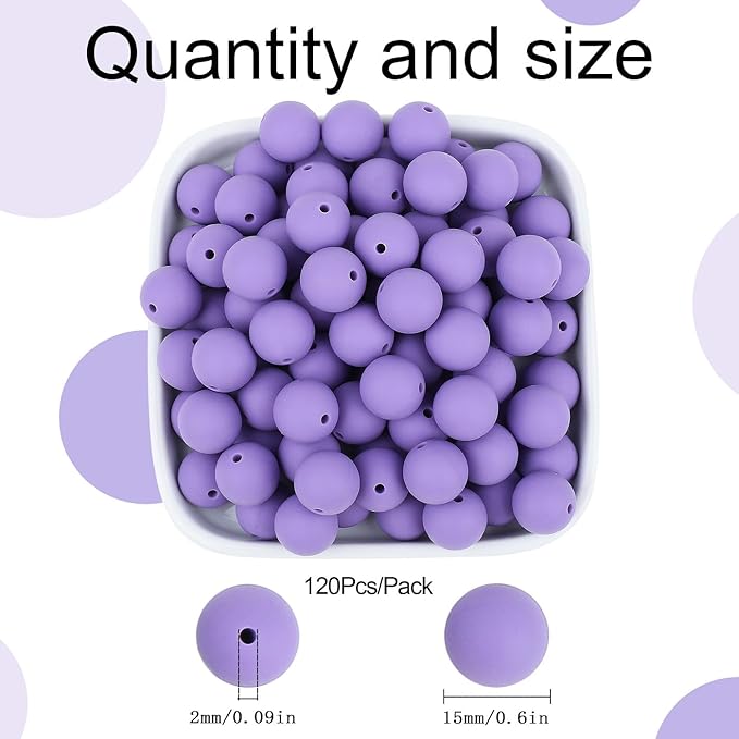 MAIBAOTA 120 Pcs Purple Silicone Beads 15 mm Purple Beads for Keychain/Pens/Bracelet/Necklace Making Focal Beads Loose Rubber Round Silicone Beads Bulk for Craft Making（with Boxed Kits）