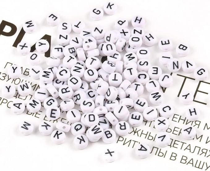 Acrylic Letter Beads Alphabet Black Letters White Round Bead, 4×7mm 1200pcs, for Friendship Bracelets and Gifts Souvenir Jewelry Making