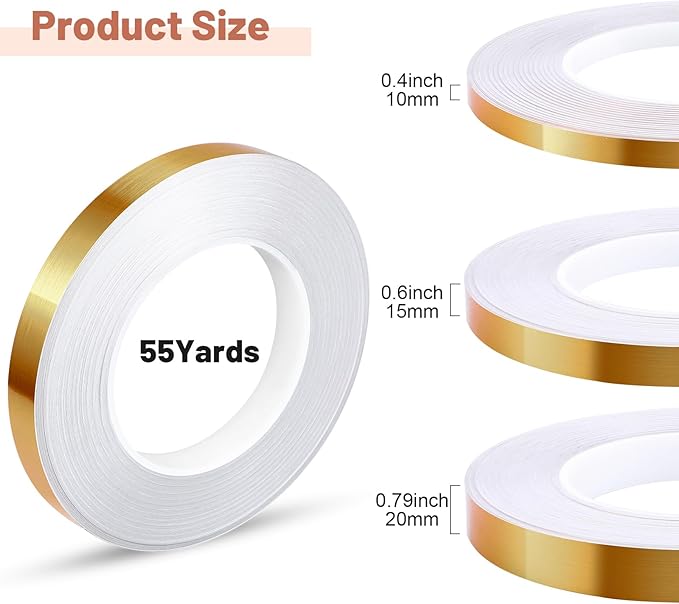 Zonon 3 Sizes Gold Self Adhesive Polyester Film Tape Washi Tape for Car Furniture Graphic Arts Walls Decor, 55 yds(10/15/20mm)